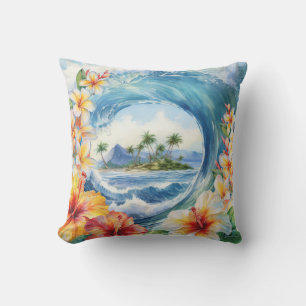 Kai Aloha Hibiscus Watercolor Wave Reversible Outdoor Pillow