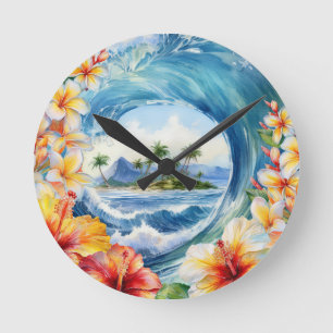 Kai Aloha Hibiscus Watercolor Wave Reversible Round Clock