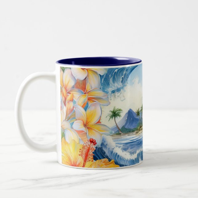 Kai Aloha Hibiscus Watercolor Wave  Two-Tone Coffee Mug (Left)
