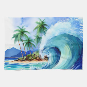 Kai Aloha Island Watercolor Wave Kitchen Towel