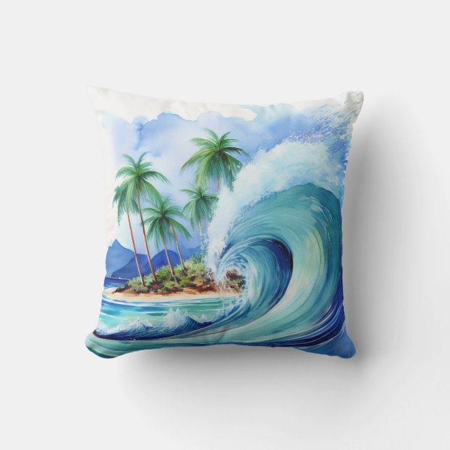 Kai Aloha Island Watercolor Wave Outdoor Pillow (Front)
