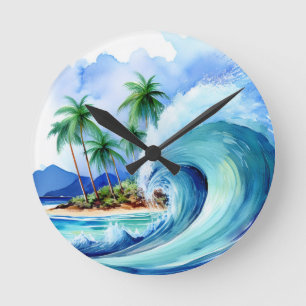 Kai Aloha Island Watercolor Wave Round Clock