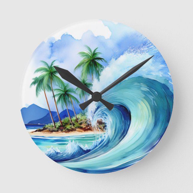 Kai Aloha Island Watercolor Wave Round Clock (Front)