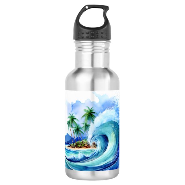 Kai Aloha Island Watercolor Wave Stainless Steel Water Bottle (Front)