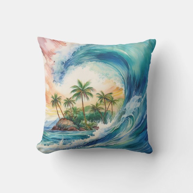 Kai Aloha Motu Watercolor Wave Outdoor Pillow (Front)