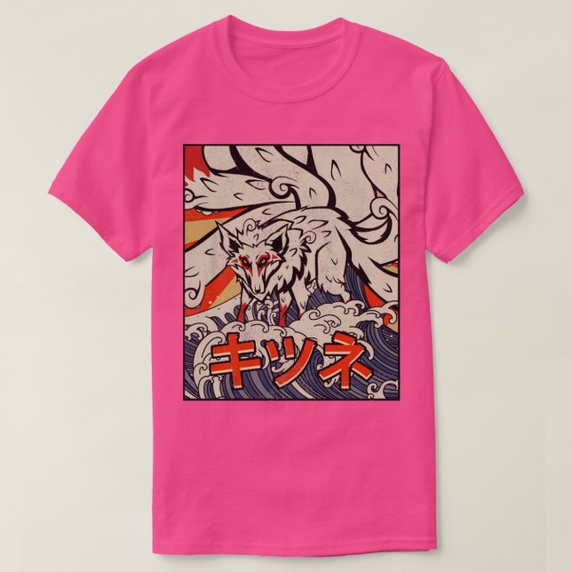 Kaiju Kitsune Nine Tailed Fox Great Wave Off Kanag T-Shirt (Design Front)