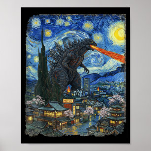 Kaiju Monster Japanese Vangogh starrynight Vintage Poster