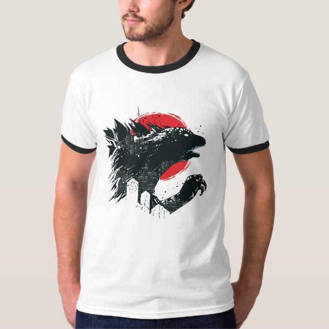 Kaiju-Style Monster Silhouette with Red Moon T-Shirt (Front)