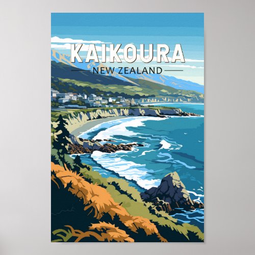 Kaikoura New Zealand Travel Art Vintage Poster