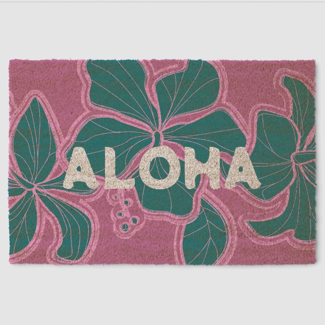 Kailua Hibiscus Hawaiian Engineered Floral - Pink Fiber Doormat (Front)