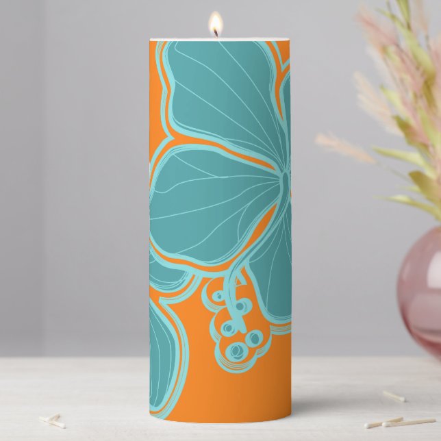 Kailua Hibiscus Hawaiian Floral Teal Pillar Candle (In Situ)