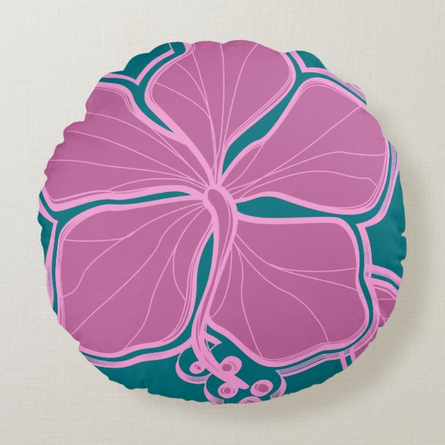 Kailua Hibiscus Hawaiian Reversible Floral Round Pillow (Front)