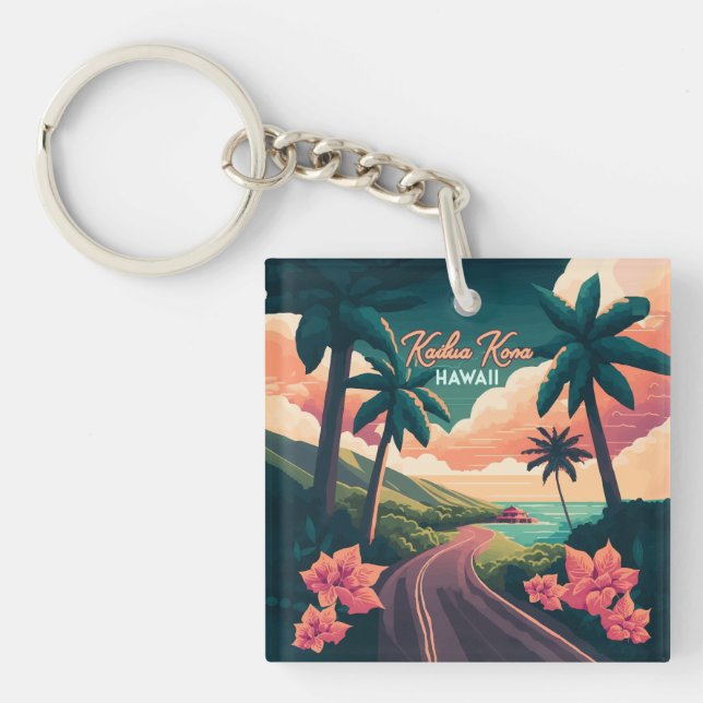 Kailua Kona Hawaii Big Island Sunset Retro Keychain (Front)
