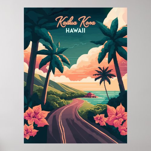 Kailua Kona Hawaii Big Island Sunset Retro Poster