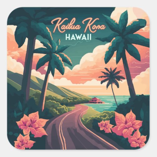 Kailua Kona Hawaii Big Island Sunset Retro Square Sticker