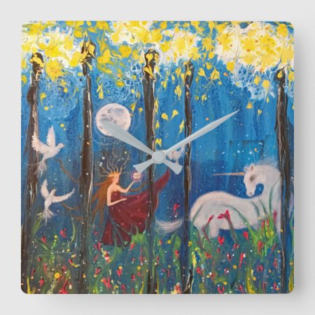Kairos Woman And Unicorn Forest Fantasy Art Square Wall Clock