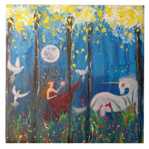 Kairos Woman and Unicorn Original Art Ceramic Tile