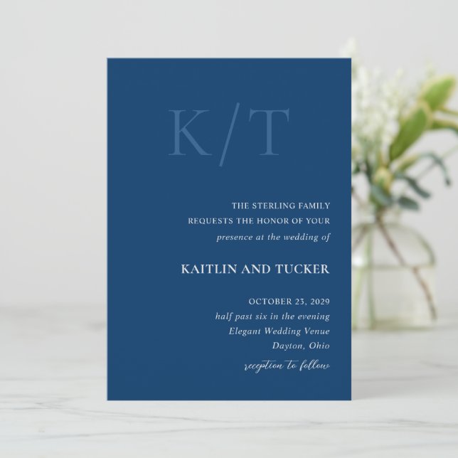 Kaitlin Denim Blue Bold Monogram Elegant Wedding Invitation (Standing Front)