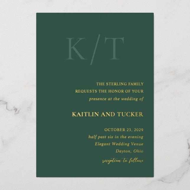 Kaitlin Hunter Green Bold Monogram Elegant Wedding Foil Invitation (Front)