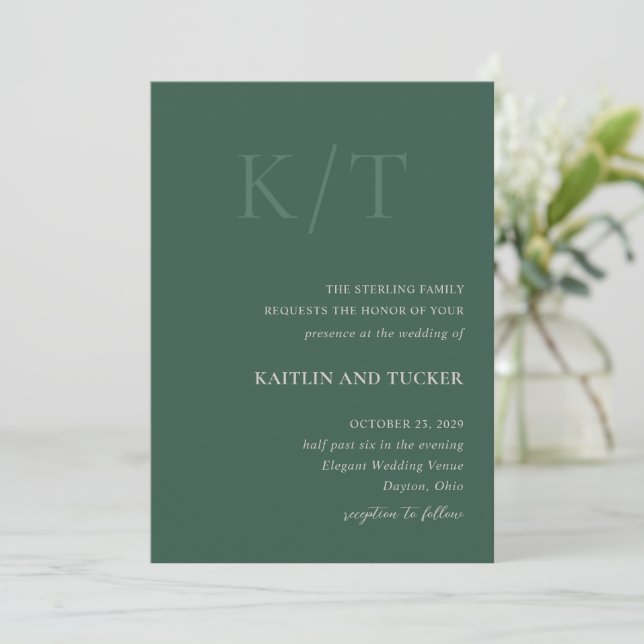 Kaitlin Hunter Green Bold Monogram Elegant Wedding Invitation (Standing Front)