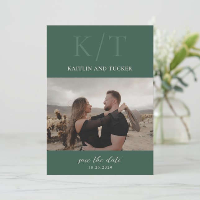 Kaitlin Hunter Green Bold Monogram Elegant Wedding Save The Date (Standing Front)