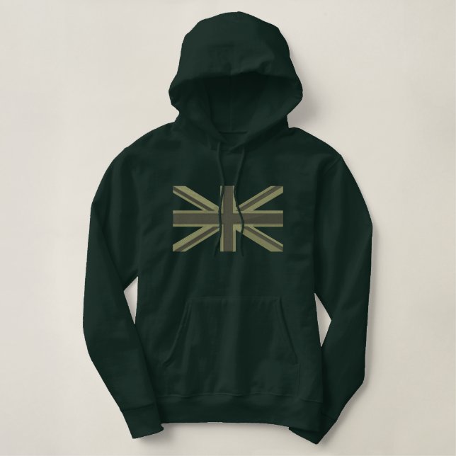 Kaki Union Jack Flag England Swag Embroidery Embroidered Hoodie (Design Front)