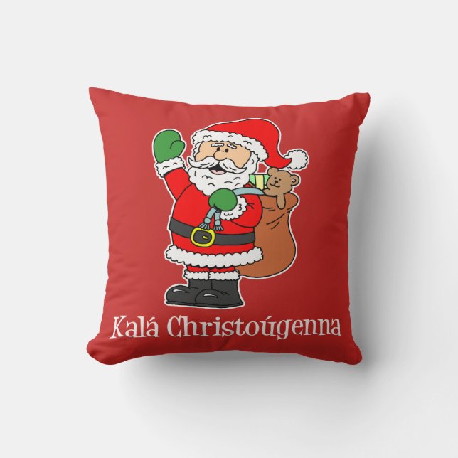 Kala Christougenna Greek Christmas Santa Throw Pillow (Front)