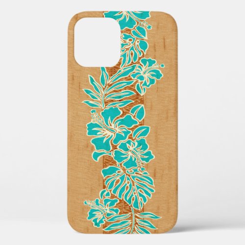 Kalaheo Hawaiian Hibiscus Tapa Faux Wood Aqua iPhone 12 Pro Case
