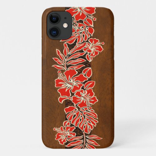 Kalaheo Hawaiian Red Hibiscus Tapa Faux Wood iPhone 11 Case