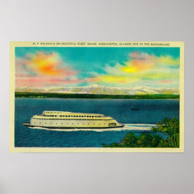Kalakala Ferry, Puget Sound, Olympic Mountains Poster (Front)
