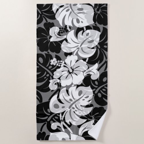 Kalakaua Border Hawaiian Hibiscus _ Black Beach Towel