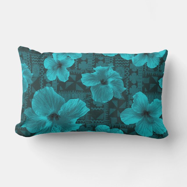 Kalalau Tapa Tropical Hawaiian Hibiscus Outdoor Lumbar Pillow (Front)