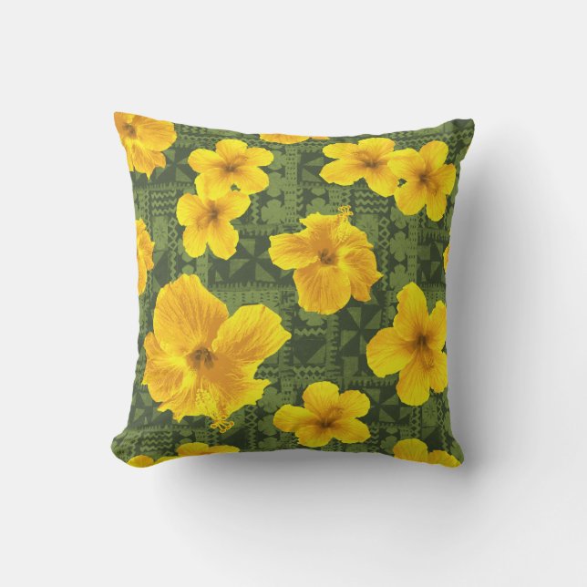 Kalalau Tapa Tropical Hawaiian Hibiscus Outdoor Outdoor Pillow (Front)