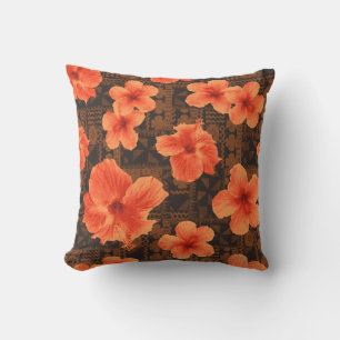 Kalalau Tapa Tropical Hawaiian Hibiscus Outdoor Pillow
