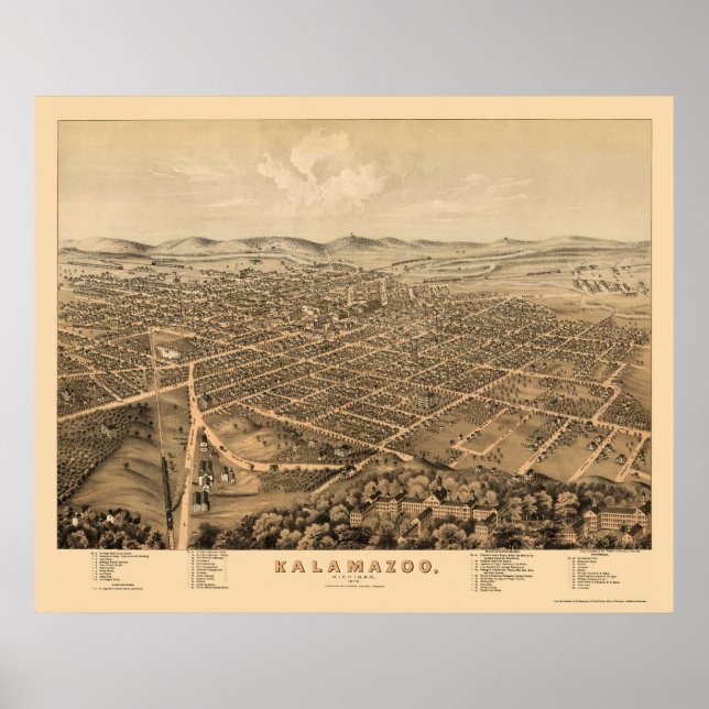 Kalamazoo, MI Panoramic Map - 1874 Poster (Front)