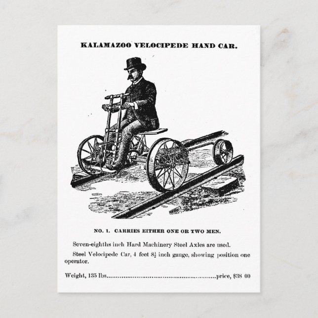 KALAMAZOO Velocipede Railroad Hand Car 1887 Postcard (Front)