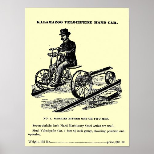 KALAMAZOO Velocipede Railroad Hand Car 1887 Poster