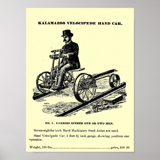 KALAMAZOO Velocipede Railroad Hand Car 1887 Poster (Front)