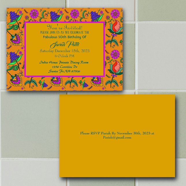 Kalamkari Birthday Flowers Colorful Yellow  Invitation (Creator Uploaded)