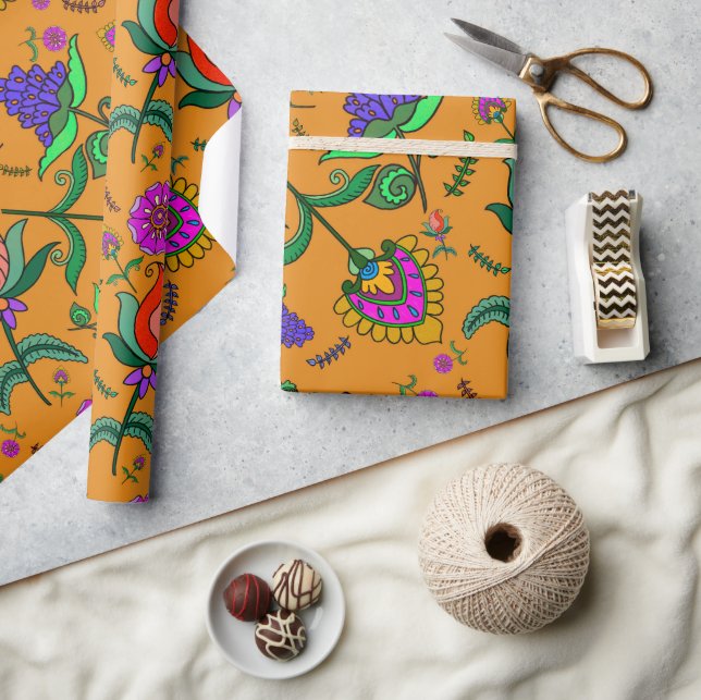 Kalamkari Birthday Flowers Colorful Yellow  Wrapping Paper (Crafts)