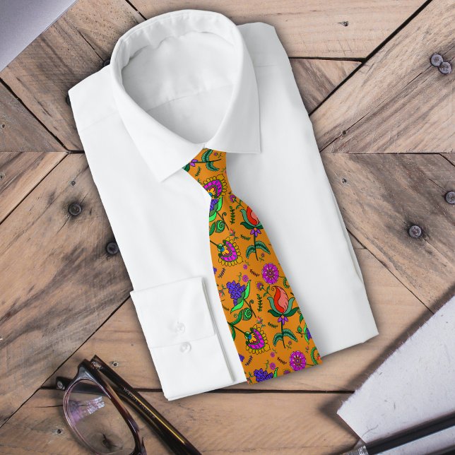 Kalamkari Colorful Flowers Yellow Background Green Neck Tie (Creator Uploaded)