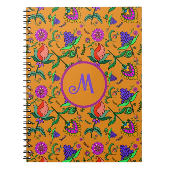 Kalamkari Colorful Flowers Yellow Background Green Notebook (Front)