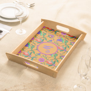 Kalamkari Colorful Flowers Yellow Background Green Serving Tray