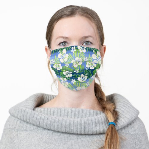 Kalani Tie Dye Blend Tropical Hibiscus _ Blue Adult Cloth Face Mask