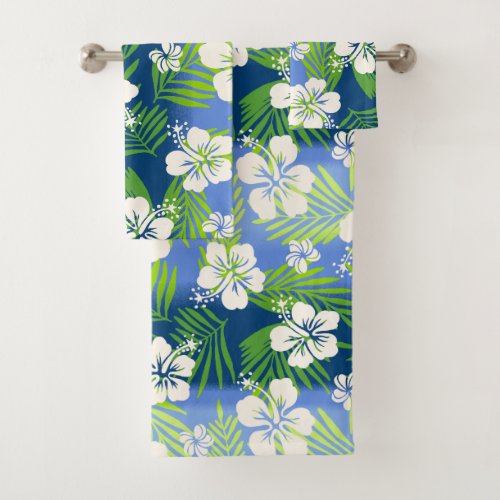 Kalani Tie Dye Blend Tropical Hibiscus _ Blue Bath Towel Set