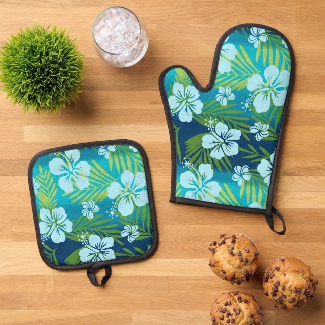 Kalani Tie Dye Blend Tropical Hibiscus Teal Oven Mitt & Pot Holder Set (Top Down)
