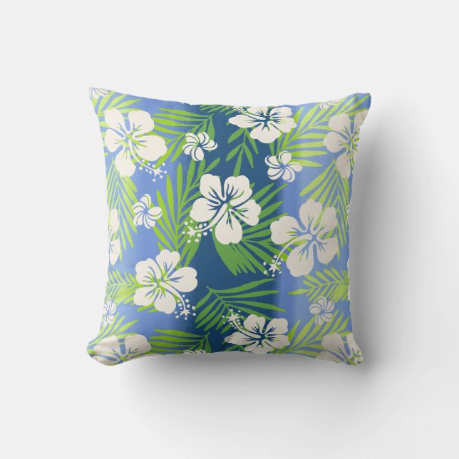 Kalani Tie Dye Tropical Hibiscus Reversible - Blue Outdoor Pillow (Front)