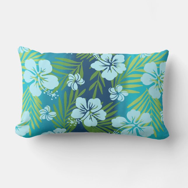 Kalani Tie Dye Tropical Hibiscus Reversible - Teal Lumbar Pillow (Front)