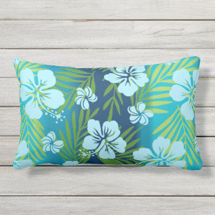 Kalani Tie Dye Tropical Hibiscus Reversible - Teal Lumbar Pillow