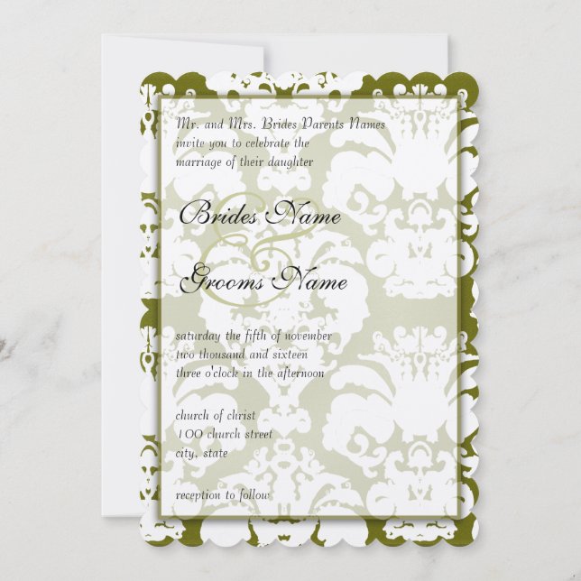 Kale Green Damask Vintage Wedding Invitations (Back)